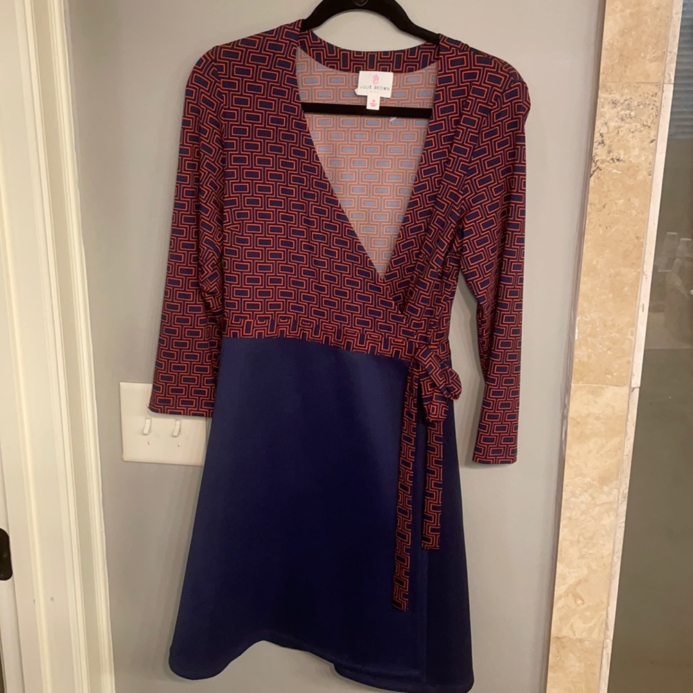 Julie brown orange and navy wrap dress